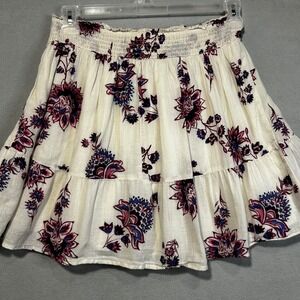 Old Navy Floral Tiered Mini Skirt Beige Burgundy Pull On Size Medium Boho Beachy